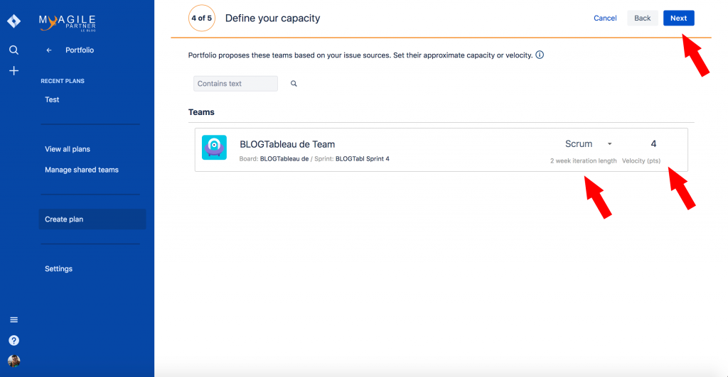 portfolio jira créer un plan définir capacité et vélocite