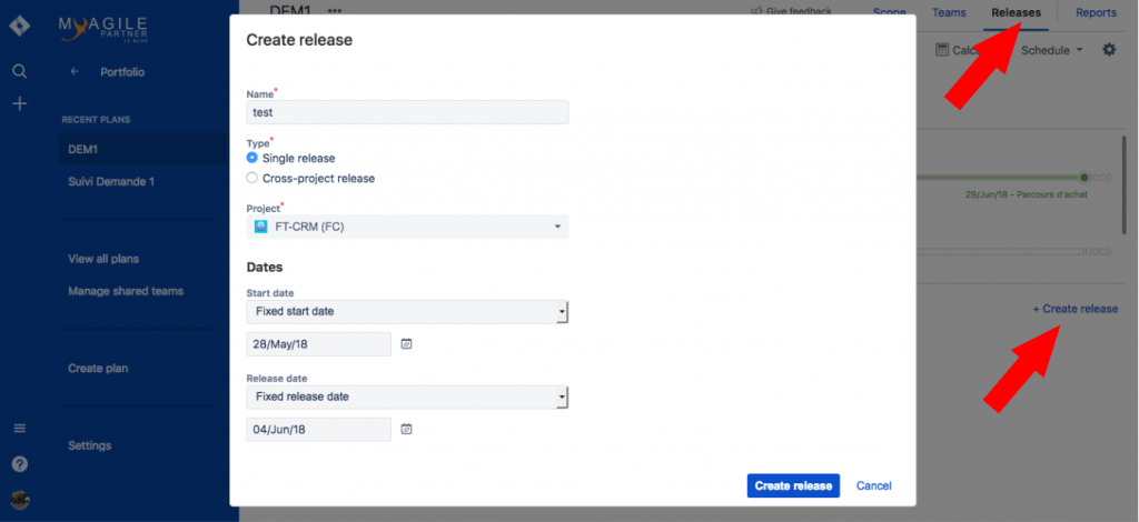 Portfolio Jira : créer une release