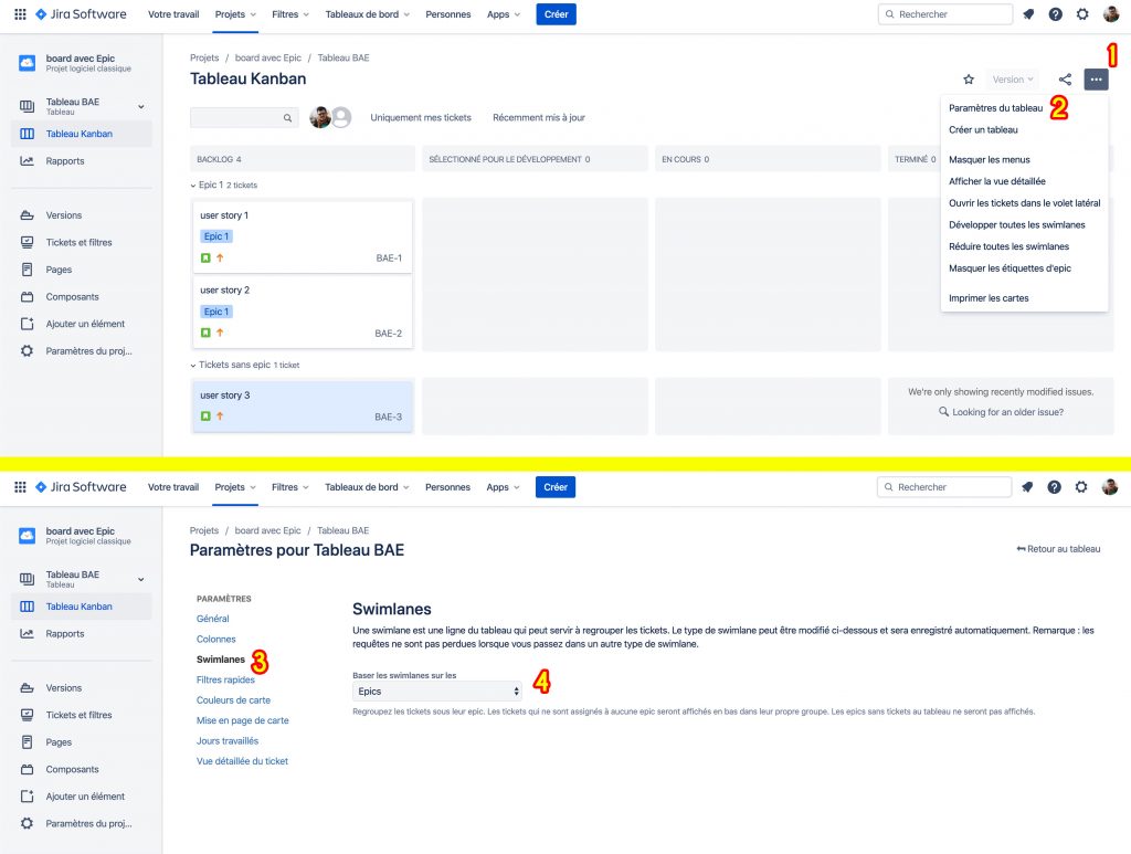 swimlanes pour epic sur jira