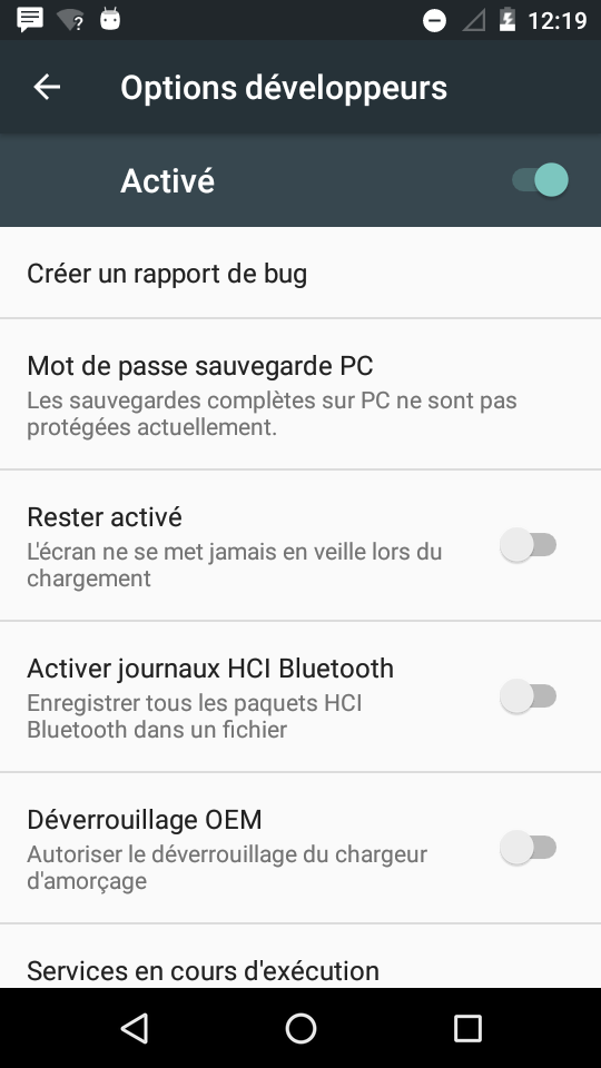 menu optoins developpeurs - Android